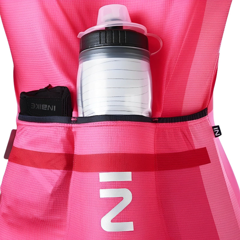 Three-pocket design for storage on women’s bike jersey