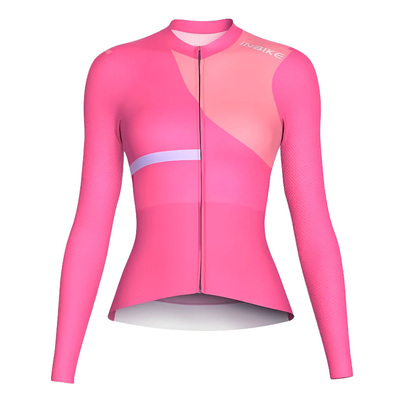 technical fabric of pink women's cycling jersey for summer rides