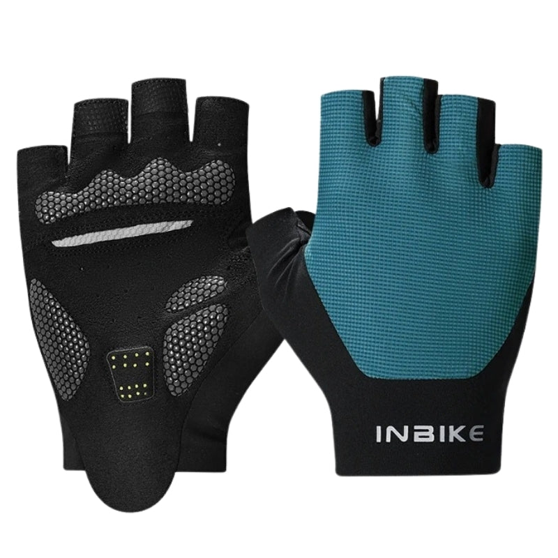 Pair of black and teal gloves on a white background