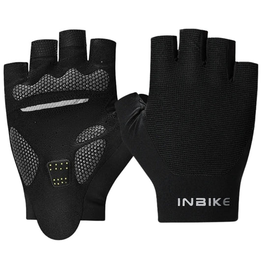 Black gloves with half-finger design and INBIKE branding on a white background