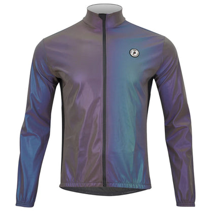 Reflective cycling jacket with a brand logo on a white background