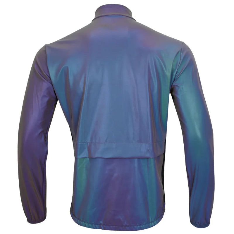 Blue and purple cycling jacket on a white background with logo.