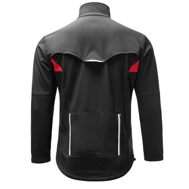 Black jacket with red accents on a white background