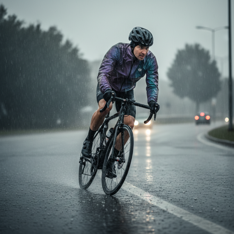 Cyclist riding on a wet road during rain with helmet and gloves on