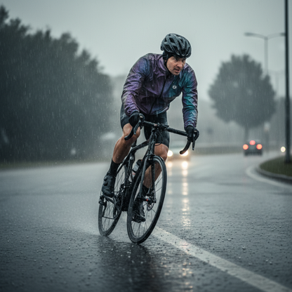Cyclist riding on a wet road during rain with helmet and gloves on