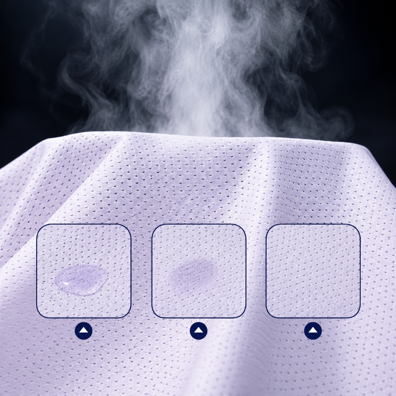 A close-up of a white mesh fabric surface with steam rising above it and three inset panels showing water droplets sliding off the surface, demonstrating a water-repellent or breathable material effect.