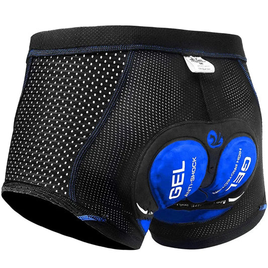 Black athletic shorts with blue gel pads on a white background.