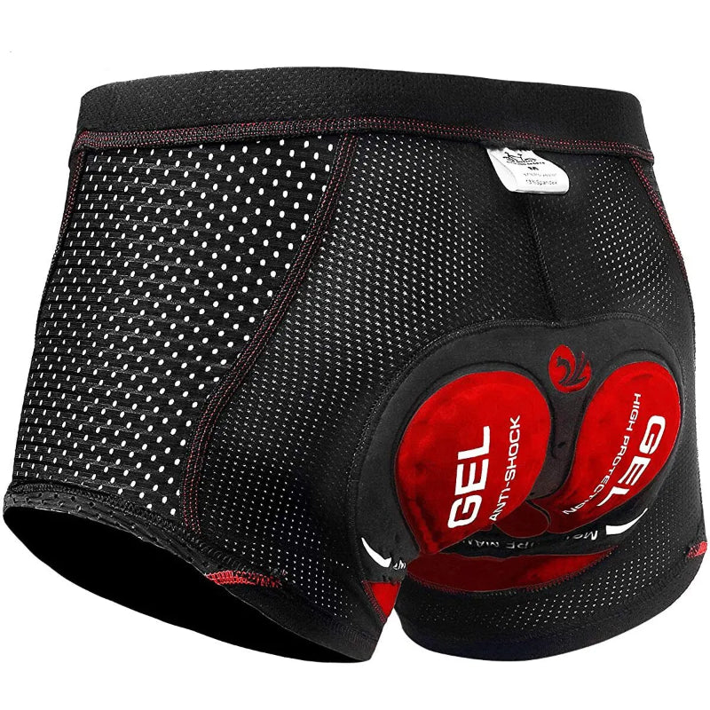 Black athletic shorts with red gel padding on a white background