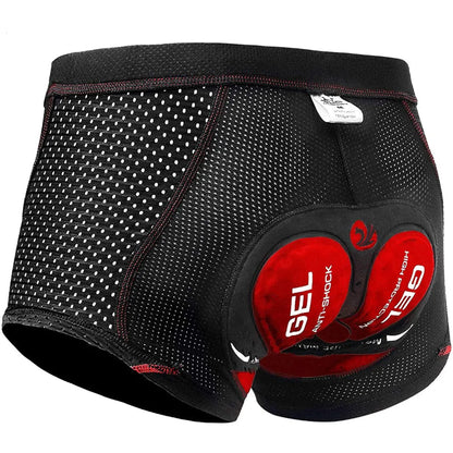 Black athletic shorts with red gel padding on a white background