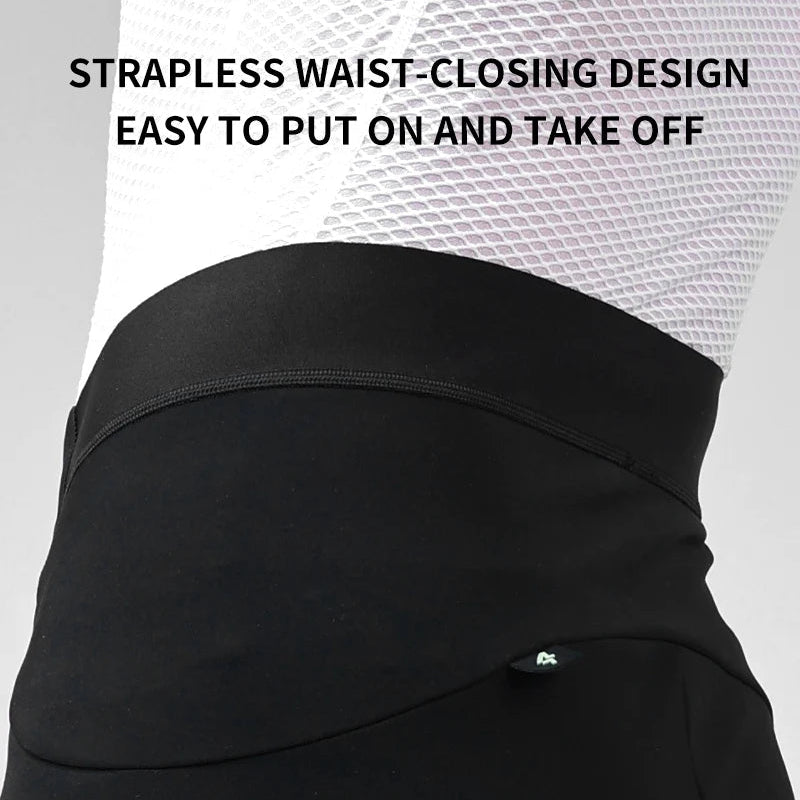 Black apron with strapless waist-closing design on a white background