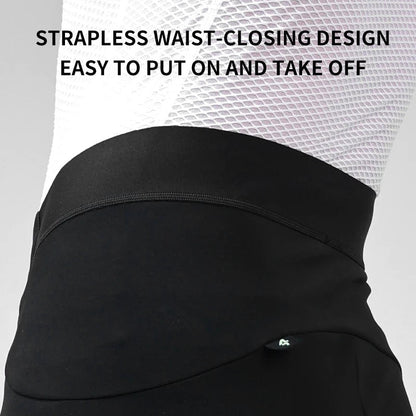 Black apron with strapless waist-closing design on a white background