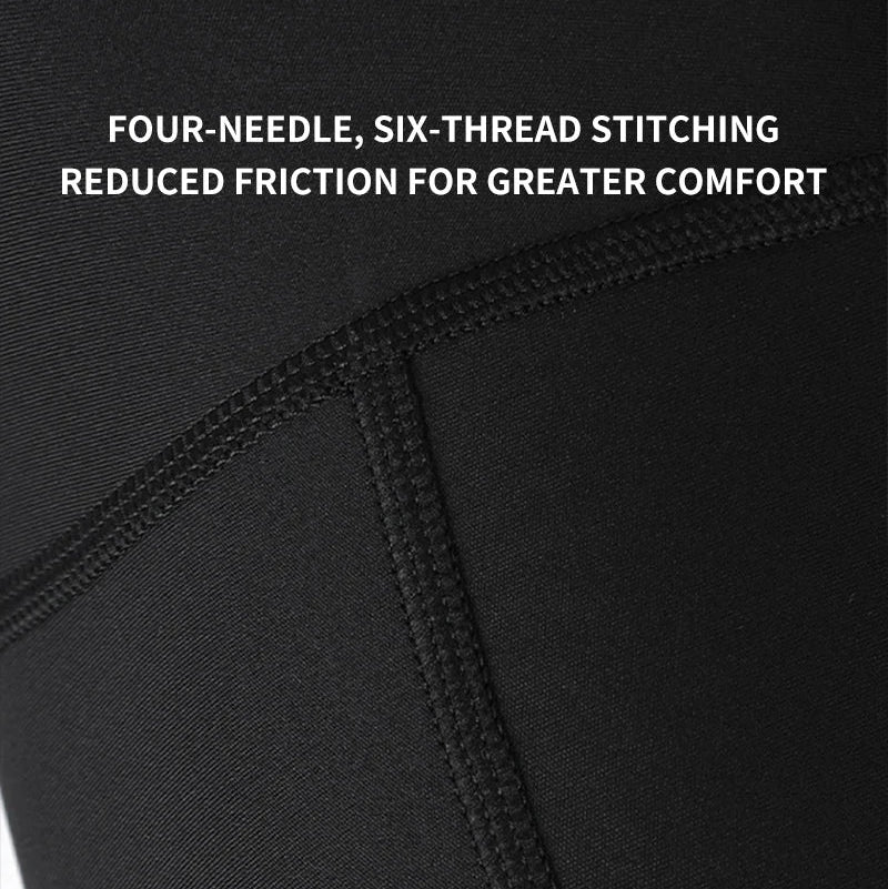 Close-up of black fabric with text about four-needle, six-thread stitching for comfort.
