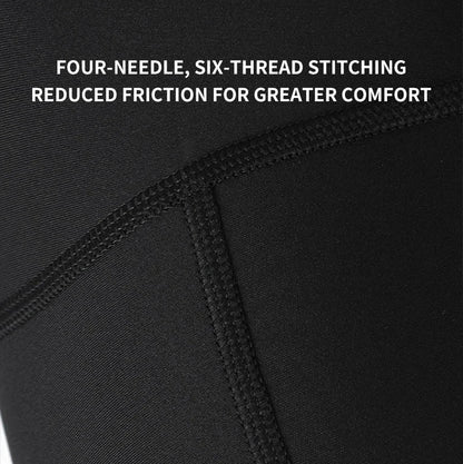 Close-up of black fabric with text about four-needle, six-thread stitching for comfort.