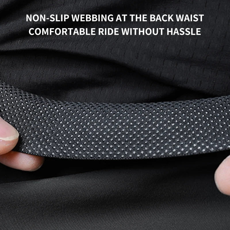 Close-up of non-slip webbing at the back waist with text on a black background