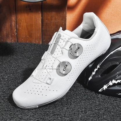White cycling shoe with brand logo on a textured surface