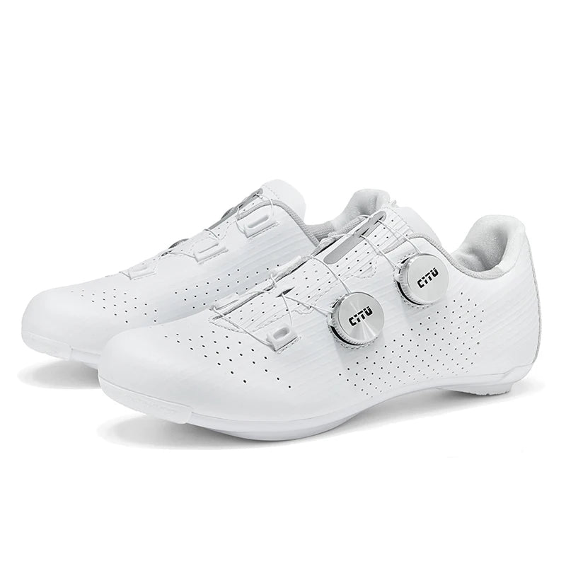 Pair of white cycling shoes with brand logo on a white background