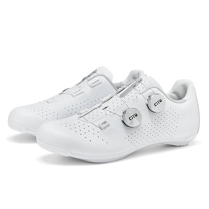 Pair of white cycling shoes with brand logo on a white background