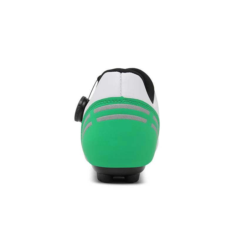 Green and white cycling shoe on a white background