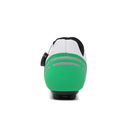 Green and white cycling shoe on a white background