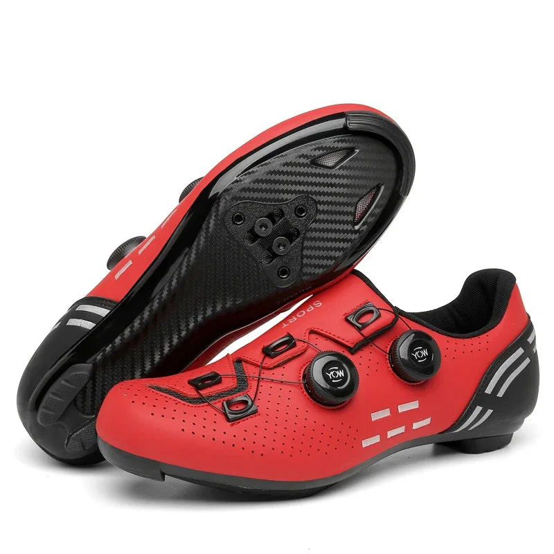 Red cycling shoes with black accents on a white background