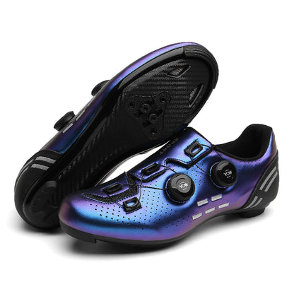 Pair of purple and black cycling shoes