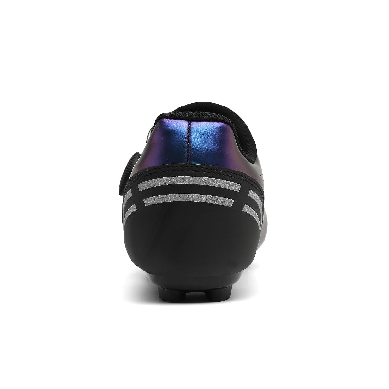 Black cycling shoes with metallic blue accents on a white background