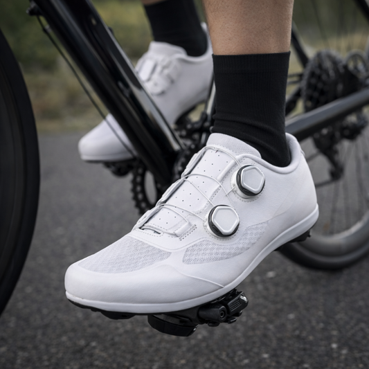 White cycling shoes with a blurred background of a cyclist on a road.