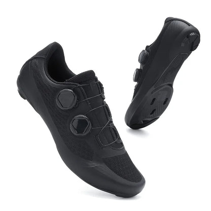 Black cycling shoes with a white background