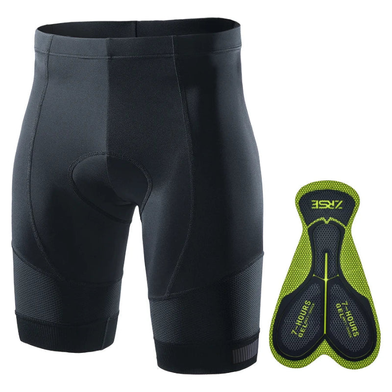 Black cycling shorts with a gel pad and 7 Hours logo on a white background