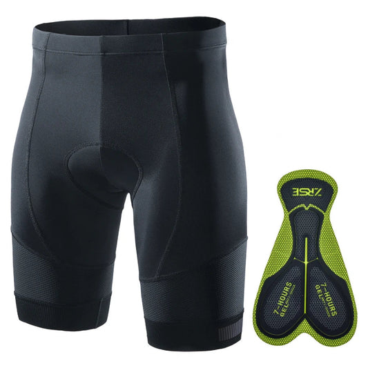 Black cycling shorts with a gel pad and 7 Hours logo on a white background