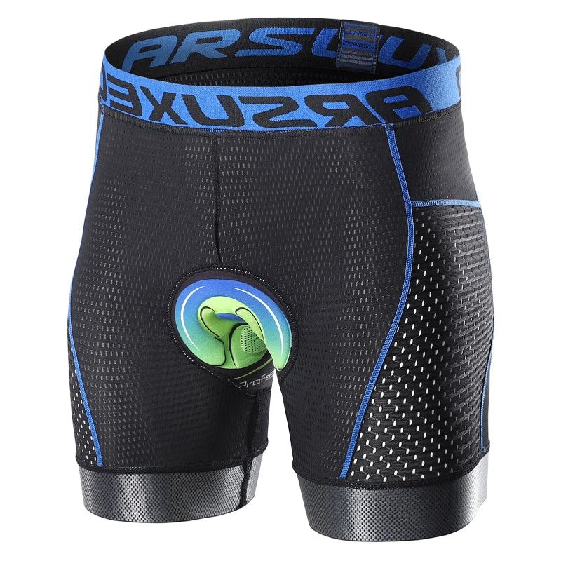 Black athletic shorts with blue accents and a visible brand logo on a white background