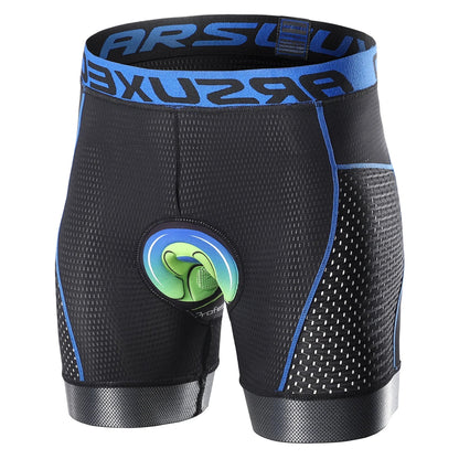 Black athletic shorts with blue accents and a visible brand logo on a white background