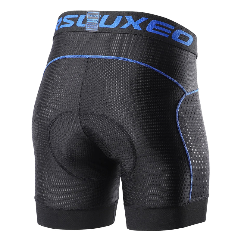 Black cycling shorts with blue accents and 'UXEEO' branding on a white background
