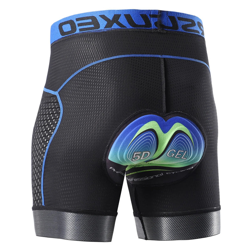 Black cycling shorts with blue accents and 5D gel padding on a white background
