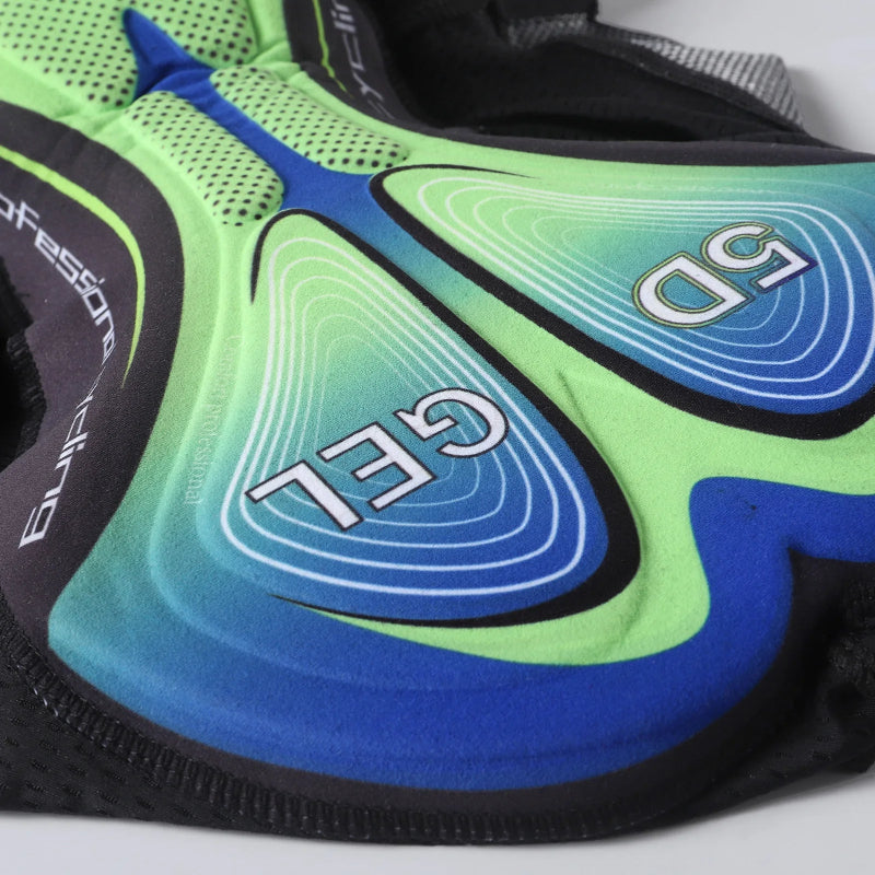 Close-up of a green and blue running short padded with 'GEL' and '5D' 