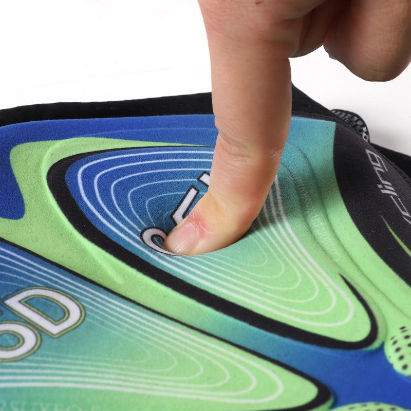 Close-up of a person pressing into a colorful shoe insole with 'On' branding.