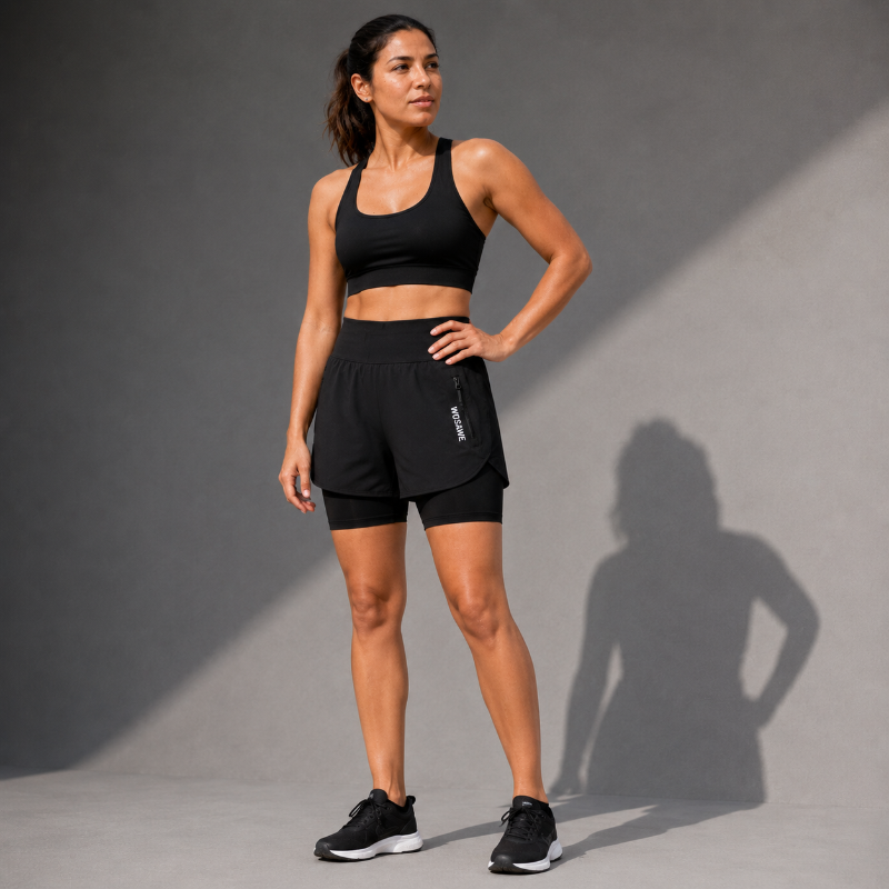 A woman modeling a matching black athletic set consisting of a sports bra and high-waisted shorts, standing against a gray studio wall with a hard shadow.
