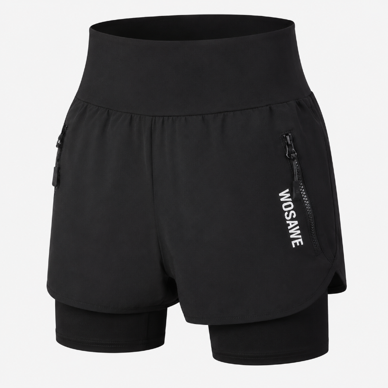 Black double-layer running shorts with a high waistband, zippered side pockets,  shown against a light gray background.