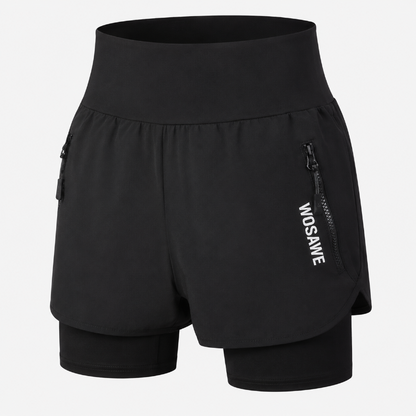 Black double-layer running shorts with a high waistband, zippered side pockets,  shown against a light gray background.