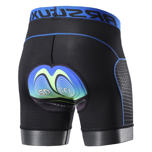 Black cycling shorts with blue accents and 5D Gel padding on a white background