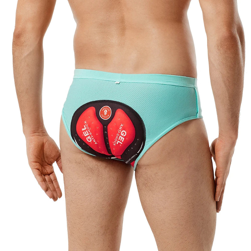 Person wearing teal underwear with a red and black GELotion product on the chest.
