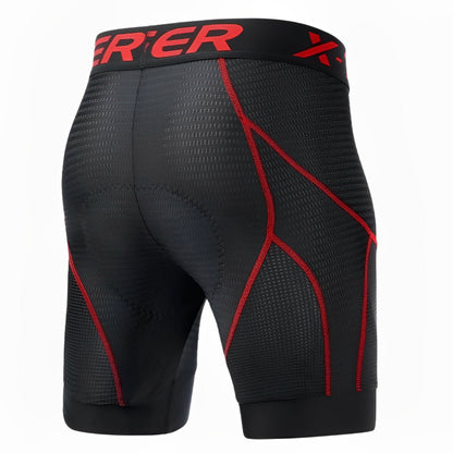 Black compression shorts with red accents on a white background