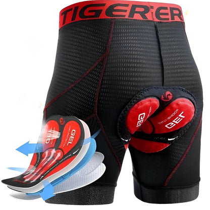 Black athletic shorts with red and white gel pads on a white background.