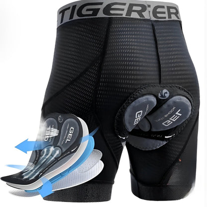 Black athletic shorts with gel padding on a white background