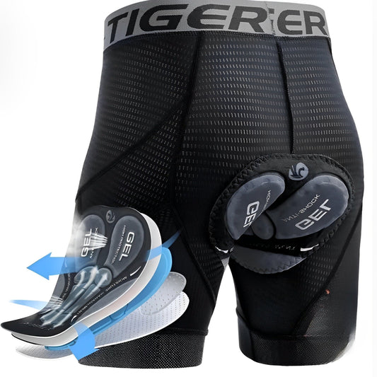 Black athletic shorts with gel padding on a white background