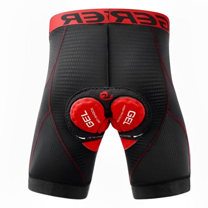 Black and red cycling shorts with gel padding on a white background