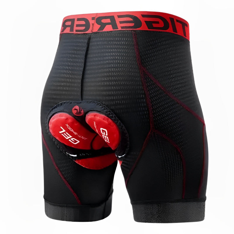 Black athletic shorts with red accents  on a white background