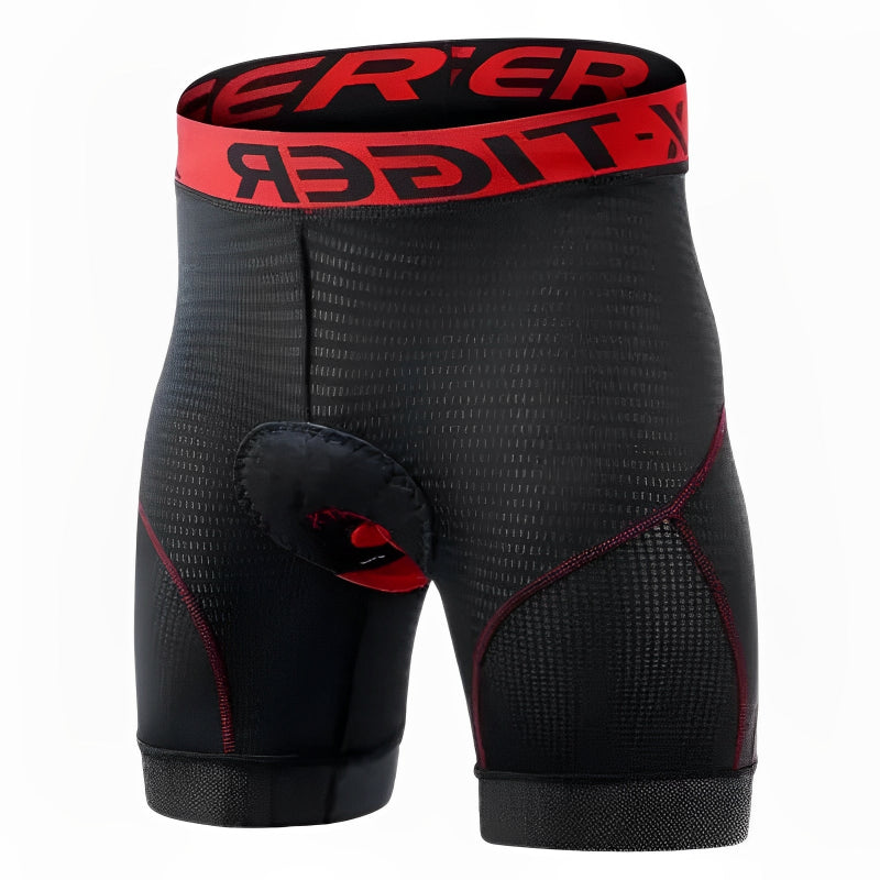 Black athletic shorts with red accents  on a white background