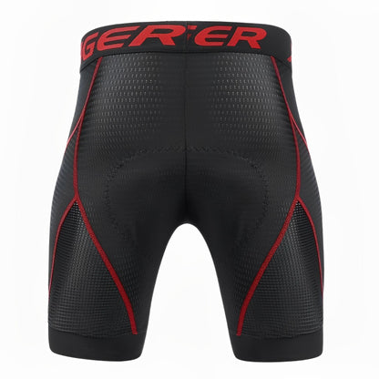 Black athletic shorts with red accents on a white background