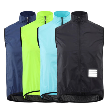 Four colorful vests in blue, green, light blue, and black with reflective stripes on a white background.